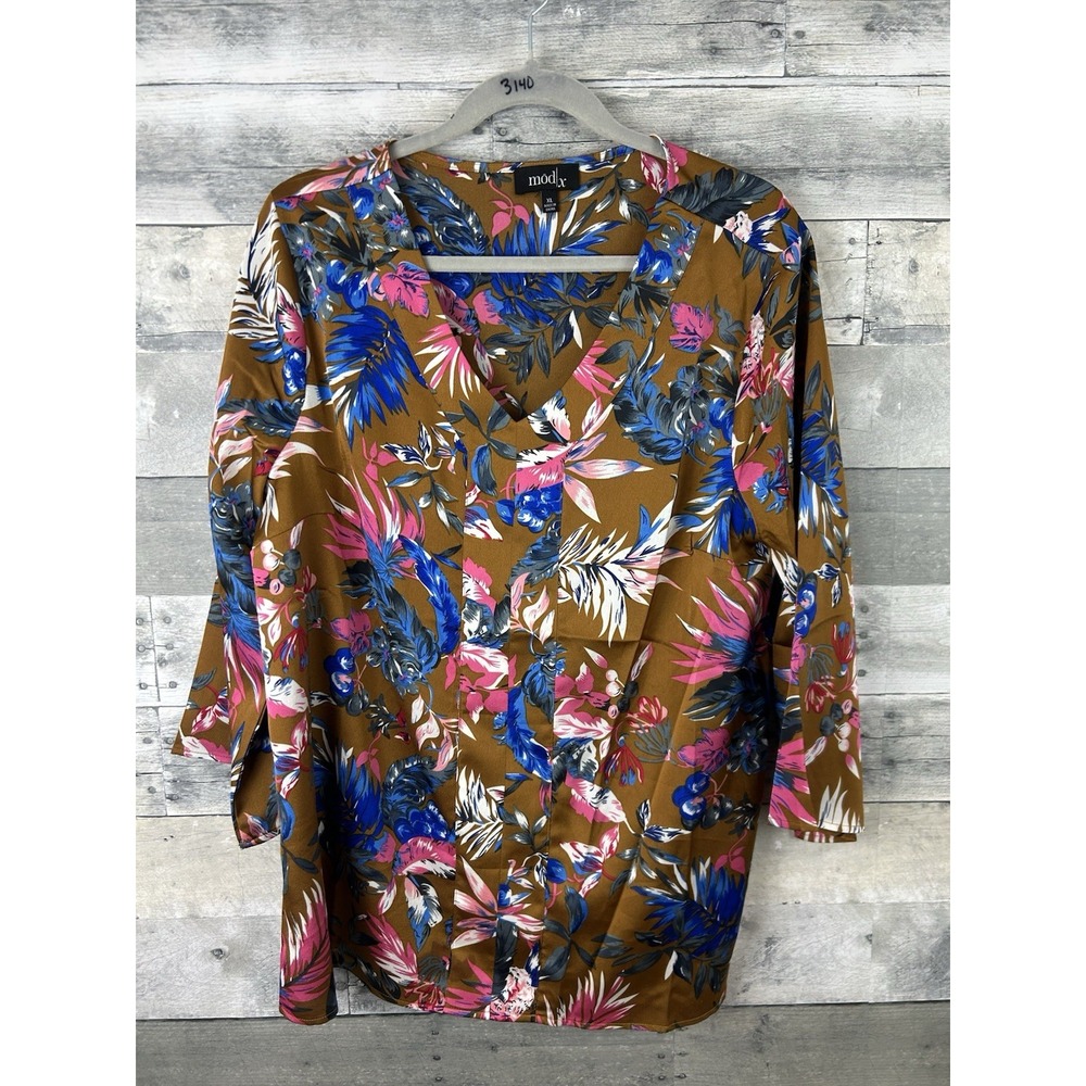 Modx Women's XL Beige Long Sleeve Floral Blouse